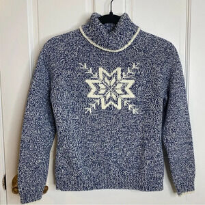 Vintage Liz Claiborne Blue Marled Knit Long Sleeve Snowflake Turtleneck …